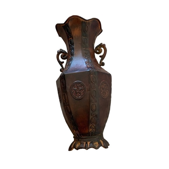 METAL Vase Autumn Brown and Rust colored Flower Holder 13" tall, 7" wide - Picture 7 of 7